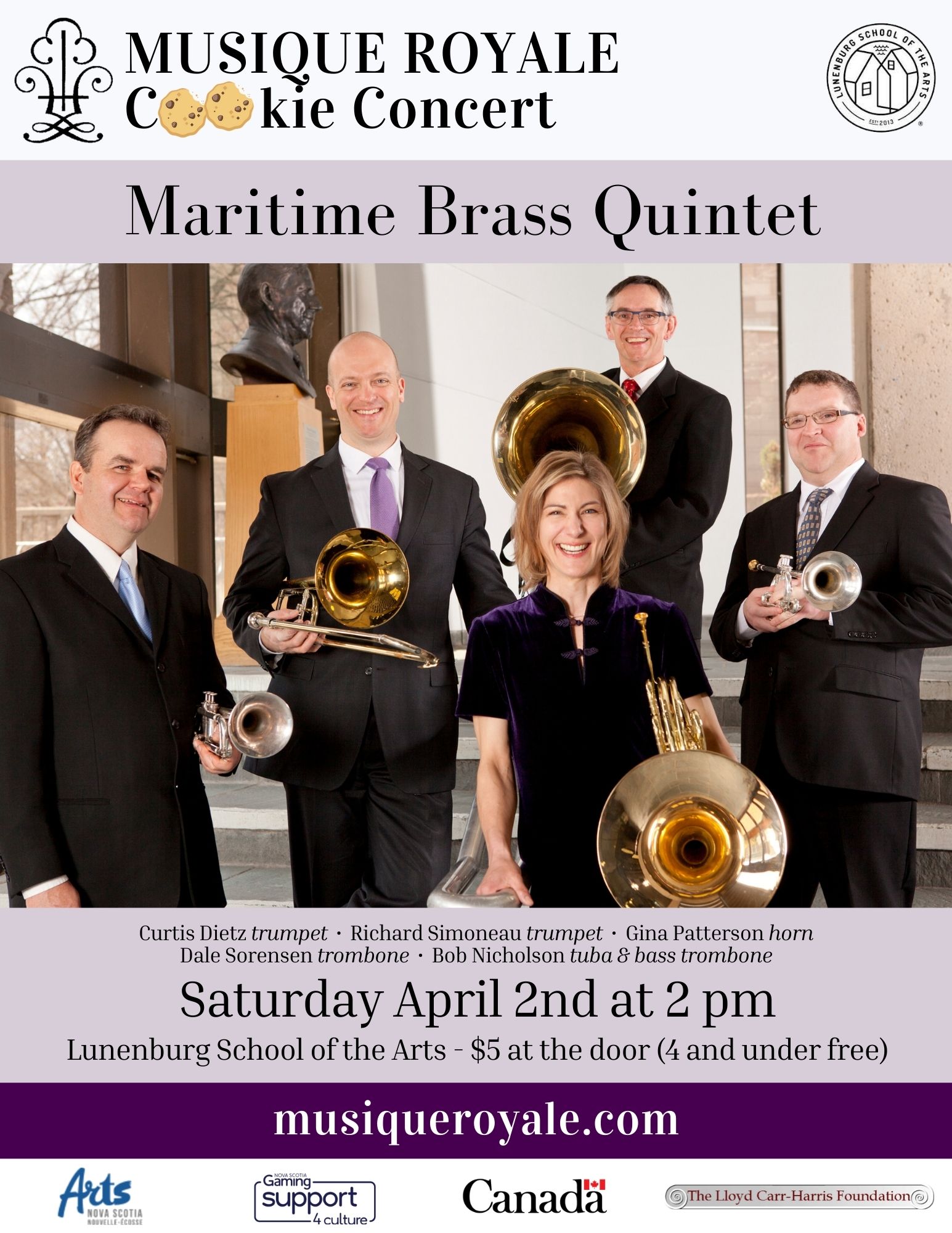 MUSIQUE ROYALE Cookie Concerts present Maritime Brass Quintet – Lunenburg  School of the Arts